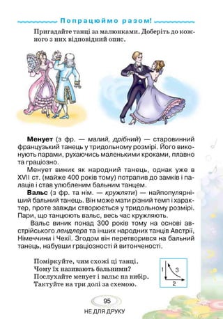 П о п р а ц ю й м о р а з о м!
Пригадайте танці за малюнками. Доберіть до кож­
ного з них відповідний опис.
Менует (з фр. — малий, дрібний) — старовинний
французький танець у тридольному розмірі. Його вико­
нують парами, рухаючись маленькими кроками, плавно
та граціозно.
Менует виник як народний танець, однак уже в
XVII ст. (майже 400 років тому) потрапив до замків і па­
лаців і став улюбленим бальним танцем.
Вальс (з фр. та нім. — кружляти) — найпопулярні-
ший бальний танець. Він може мати різний темп іхарак­
тер, проте завжди створюється у тридольному розмірі.
Пари, що танцюють вальс, весь час кружляють.
Вальс виник понад 300 років тому на основі ав­
стрійського лендлера та інших народних танців Австрії,
Німеччини і Чехії. Згодом він перетворився на бальний
танець, набувши граціозності й витонченості.
Поміркуйте, чим схожі ці танці.
Чому їх називають бальними?
Послухайте менует і вальс на вибір.
Тактуйте на три долі за схемою.
95
НЕ ДЛЯ ДРУКУ
 