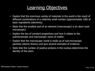 M5 Chemistry Matter: Atomic Structure  Slide   of 46 Learning Objectives Explain that the enormous variety of materials in the world is the result of different combinations of a relatively small number (approximately 100) of basic ingredients (elements).  State that the smallest part of an element (macroscopic) is an atom (sub-microscopic).  Explain the law of constant proportions and how it relates to the submicroscopic and macroscopic views of matter.  Explain that the macroscopic world is made up of sub-microscopic particles (atomic theory) and give several examples of evidence.  State that the number of positive protons in the nucleus determines the identity of the atom. 