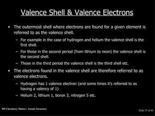 M5 Chemistry Matter: Atomic Structure  Slide   of 46 Valence Shell & Valence Electrons The outermost shell where electrons are found for a given element is referred to as the valence shell.  For example in the case of hydrogen and helium the valence shell is the first shell.  For those in the second period (from lithium to neon) the valence shell is the second shell.  Those in the third period the valence shell is the third shell etc.  The electrons found in the valence shell are therefore referred to as valence electrons.  Hydrogen has 1 valence electron (and some times it’s referred to as having a valency of 1)  Helium 2, lithium 1, boron 3, nitrogen 5 etc. 
