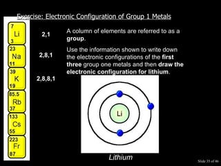 Slide   of 46 Exercise: Electronic Configuration of Group 1 Metals A column of elements are referred to as a  group .  Use the information shown to write down the electronic configurations of the  first three  group one metals and then  draw the electronic configuration for lithium . 2,1 2,8,1 2,8,8,1 Lithium 