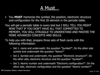 M5 Chemistry Matter: Atomic Structure  Slide   of 46 A Must… You  MUST  memorize the symbol, the position, electronic structure and configuration for the first 20 element in the periodic table.  You will get a periodic table in every test but I WILL TELL YOU RIGHT NOW THAT IF YOU DON’T HAVE ALL THAT COMMITTED TO MEMORY, YOU WILL STRUGGLE TO UNDERSTAND AND MASTER THE MORE ADVANCED CONCEPTS AND SKILLS.  To help you with that, prepare three sets of flash cards with the following information:  Set 1. name and underneath: the question “Symbol?”. On the other side symbol and underneath the question “Name?”  Set 2. Symbol and underneath, the question “Electronic structure?”. On the other side, electronic structure and the question “Symbol?”.  Set 3. Atomic number and underneath “Electronic configuration?”. On the other side, electronic configuration and the question “Atomic number?” 