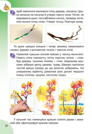 30
	 Щоб навчитися малювати гілку дерева, спочатку тріш-
ки натисни на пензлик й утвори товсту лінію. Потім, не
відриваючи руки і послабляючи натиск, проведи кінчи-
ком пензля тонку лінію. Утвори тоншу. Повтори знову.
У вільний час помилуйся красою осінніх дерев і зама-
люй або сфотографуй красиві пейзажі.
	 Намалюй гуашшю осінній пейзаж у техніці монотипії.
Наміть лінію горизонту, потім товстою лінією – стов-
бур дерева, тонкими лініями – гілки. Широкими маз-
ками зобрази крону дерева, траву. Швидко притисни
чистий аркуш паперу до ще вологих зображень. На
утвореному відбитку домалюй різні деталі першого
плану (гілочки, кущики, листочки тощо).
Ти дуже швидко вчишся і тепер зможеш намалювати
«живе» дерево з допомогою тонких і товстих ліній.
 
