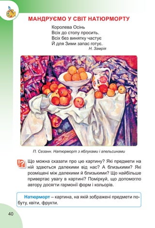 40
МАНДРУЄМО У СВІТ НАТЮРМОРТУ
	 Що можна сказати про цю картину? Які предмети на
ній здаються далекими від нас? А близькими? Які
розміщені між далекими й близькими? Що найбільше
привертає увагу в картині? Поміркуй, що допомогло
автору досягти гармонії форм і кольорів.
Натюрморт – картина, на якій зображені предмети по-
буту, квіти, фрукти.
П. Сезанн. Натюрморт з яблуками і апельсинами
Королева Осінь
Всіх до столу просить.
Всіх без винятку частує
Й для Зими запас готує.
Н. Замрія
 