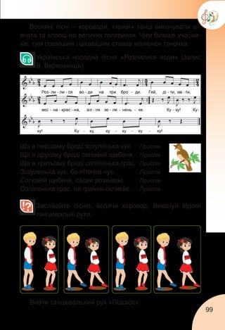 99
	 Українська народна пісня «Розлилися води» (запис
В. Верховинця).
Що в першому броді зозуленька кує. 	 Приспів
Що в другому броді соловей щебече. 	 Приспів
Що в третьому броді сопілонька грає. 	Приспів
Зозуленька кує, бо літечко чує. 	 Приспів
Соловей щебече, садки розвиває. 	 Приспів
Сопілонька грає, на грання скликає. 	 Приспів
	 Заспівайте пісню, водячи хоровод. Виконуй відомі
танцювальні рухи.
Вивчи танцювальний рух «Підскок».
Весняні пісні – хороводи, «криві» танці виконували ді-
вчата та хлопці на великих галявинах. Чим більше учасни-
ків, тим повнішим і цікавішим ставав малюнок таночка.
 