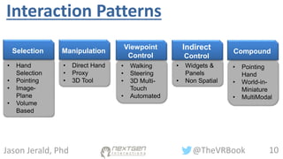 10@TheVRBookJason Jerald, Phd
Interaction Patterns
• Hand
Selection
• Pointing
• Image-
Plane
• Volume
Based
Selection
• Walking
• Steering
• 3D Multi-
Touch
• Automated
Viewpoint
Control
• Direct Hand
• Proxy
• 3D Tool
Manipulation
• Widgets &
Panels
• Non Spatial
Indirect
Control
• Pointing
Hand
• World-in-
Miniature
• MultiModal
Compound
 