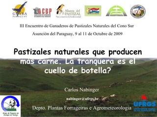 Pastizales naturales que producen  más carne. La tranquera es el   cuello de botella? Carlos Nabinger [email_address] Depto. Plantas Forrageiras e Agrometeorologia III Encuentro de Ganaderos de Pastizales Naturales del Cono Sur   Asunción del Paraguay, 9 al 11 de Octubre de 2009  Grupo de Pesquisa em Ecologia do Pastejo 