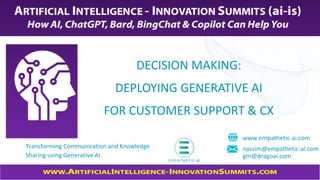 DECISION MAKING:
DEPLOYING GENERATIVE AI
FOR CUSTOMER SUPPORT & CX
www.empathetic-ai.com
nassim@empathetic-ai.com
gm@dragoai.com
Transforming Communication and Knowledge
Sharing using Generative AI
 