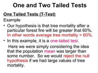 One and Two Tailed Tests
One Tailed Tests (T-Test)
Example
• Our hypothesis is that tree mortality after a
particular forest fire will be greater that 60%.
In other words average tree mortality > 60%.
• In this example, it is a one-tailed test.
Here we were simply considering the idea
that the population mean was larger than
some number. So we would reject the null
hypothesis if we had large values of tree
mortality.
 
