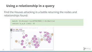 Using a relationship in a query
18
match (h:House)-[a:ATTACKER]->(b:Battle)
return h,a,b limit 30
Find the Houses attacking in a battle returning the nodes and
relationships found:
 