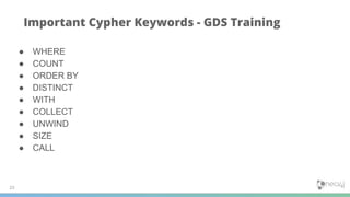 23
Important Cypher Keywords - GDS Training
● WHERE
● COUNT
● ORDER BY
● DISTINCT
● WITH
● COLLECT
● UNWIND
● SIZE
● CALL
 