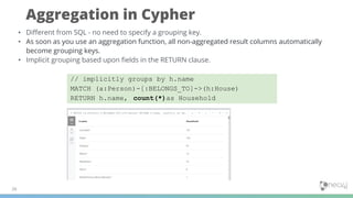 Aggregation in Cypher
26
// implicitly groups by h.name
MATCH (a:Person)-[:BELONGS_TO]->(h:House)
RETURN h.name, count(*)as Household
• Diﬀerent from SQL - no need to specify a grouping key.
• As soon as you use an aggregation function, all non-aggregated result columns automatically
become grouping keys.
• Implicit grouping based upon ﬁelds in the RETURN clause.
 
