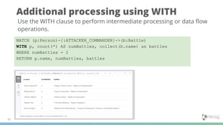 Additional processing using WITH
33
Use the WITH clause to perform intermediate processing or data ﬂow
operations.
MATCH (p:Person)-[:ATTACKER_COMMANDER]->(b:Battle)
WITH p, count(*) AS numBattles, collect(b.name) as battles
WHERE numBattles = 2
RETURN p.name, numBattles, battles
 