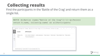 Collecting results
35
Find the participants in the ‘Battle of the Crag’ and return them as a
single list.
MATCH (b:Battle {name:'Battle of the Crag'})-[]-(p:Person)
return b.name, collect(p.name) as allParticipants
 