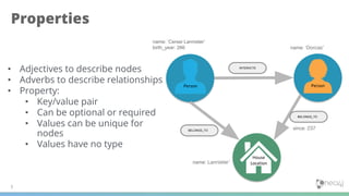 Properties
5
• Adjectives to describe nodes
• Adverbs to describe relationships
• Property:
• Key/value pair
• Can be optional or required
• Values can be unique for
nodes
• Values have no type
Person Person
House
Location
INTERACTS
BELONGS_TO
BELONGS_TO
name: ‘Cersei Lannister’
birth_year: 266 name: ‘Dorcas’
name: Lannister’
since: 237
 