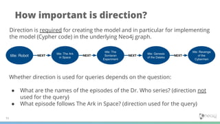 51
How important is direction?
Whether direction is used for queries depends on the question:
● What are the names of the episodes of the Dr. Who series? (direction not
used for the query)
● What episode follows The Ark in Space? (direction used for the query)
Direction is required for creating the model and in particular for implementing
the model (Cypher code) in the underlying Neo4j graph.
 