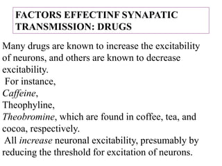 FACTORS EFFECTINF SYNAPATIC
TRANSMISSION: DRUGS
Many drugs are known to increase the excitability
of neurons, and others are known to decrease
excitability.
For instance,
Caffeine,
Theophyline,
Theobromine, which are found in coffee, tea, and
cocoa, respectively.
All increase neuronal excitability, presumably by
reducing the threshold for excitation of neurons.
 