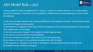 ABA Model Rule 1.5(a) (cont’d)
Model Rule 1.5(c) governs contingent fee agreements, which must be in writing:
(c) A fee ma...