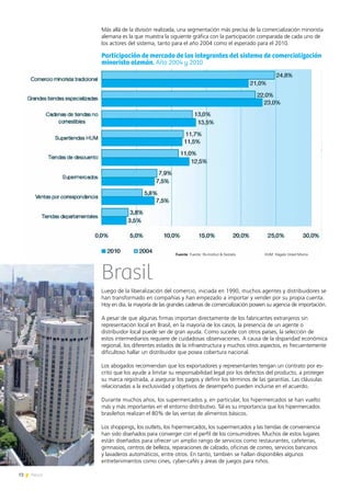 72 News
Más allá de la división realizada, una segmentación más precisa de la comercialización minorista
alemana es la que muestra la siguiente gráfica con la participación comparada de cada uno de
los actores del sistema, tanto para el año 2004 como el esperado para el 2010.
Participación de mercado de los integrantes del sistema de comercialización
minorista alemán. Año 2004 y 2010
Fuente: Fuente: Ifo-Institut & Destatis HUM: Hágalo Usted Mismo
Brasil
Luego de la liberalización del comercio, iniciada en 1990, muchos agentes y distribuidores se
han transformado en compañías y han empezado a importar y vender por su propia cuenta.
Hoy en día, la mayoría de las grandes cadenas de comercialización poseen su agencia de importación.
A pesar de que algunas firmas importan directamente de los fabricantes extranjeros sin
representación local en Brasil, en la mayoría de los casos, la presencia de un agente o
distribuidor local puede ser de gran ayuda. Como sucede con otros países, la selección de
estos intermediarios requiere de cuidadosas observaciones. A causa de la disparidad económica
regional, los diferentes estados de la infraestructura y muchos otros aspectos, es frecuentemente
dificultoso hallar un distribuidor que posea cobertura nacional.
Los abogados recomiendan que los exportadores y representantes tengan un contrato por es-
crito que los ayude a limitar su responsabilidad legal por los defectos del producto, a proteger
su marca registrada, a asegurar los pagos y definir los términos de las garantías. Las cláusulas
relacionadas a la exclusividad y objetivos de desempeño pueden incluirse en el acuerdo.
Durante muchos años, los supermercados y, en particular, los hipermercados se han vuelto
más y más importantes en el entorno distributivo. Tal es su importancia que los hipermercados
brasileños realizan el 80% de las ventas de alimentos básicos.
Los shoppings, los outlets, los hipermercados, los supermercados y las tiendas de conveniencia
han sido diseñados para converger con el perfil de los consumidores. Muchos de estos lugares
están diseñados para ofrecer un amplio rango de servicios como restaurantes, cafeterías,
gimnasios, centros de belleza, reparaciones de calzado, oficinas de correo, servicios bancarios
y lavaderos automáticos, entre otros. En tanto, también se hallan disponibles algunos
entretenimientos como cines, cyber-cafés y áreas de juegos para niños.
 