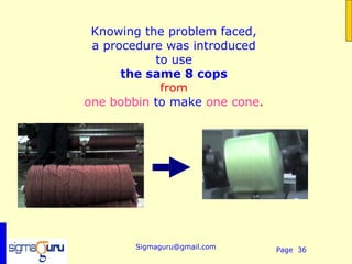  
 Knowing the problem faced,
 a procedure was introduced
           to use
      the same 8 cops
            from
one bobbin to make one cone.




        Sigmaguru@gmail.com    Page 36
 