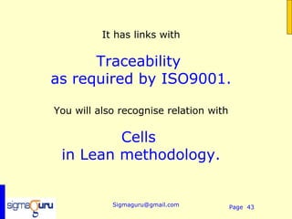 It has links with

      Traceability
as required by ISO9001.

You will also recognise relation with

         Cells
 in Lean methodology.


            Sigmaguru@gmail.com         Page 43
 