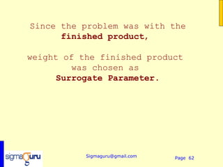 Since the problem was with the
      finished product,

weight of the finished product
        was chosen as
     Surrogate Parameter.




           Sigmaguru@gmail.com   Page 62
 