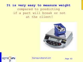 It is very easy to measure weight
      compared to predicting
    if a part will break or not
          at the client!




             Sigmaguru@gmail.com   Page 63
 