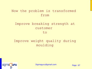 Now the problem is transformed
             from

 Improve breaking strength at
          customer
              to

 Improve weight quality during
           moulding




           Sigmaguru@gmail.com   Page 67
 