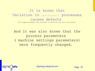 It is known that
Variation in            processes
                          (inputs and outputs of)


         causes defects
  Six sigma movement was ignited in Motorola by this discovery.




And it was also known that the
      process parameters
( machine settings parameters)
   were frequently changed.




                     Sigmaguru@gmail.com                     Page 70
 