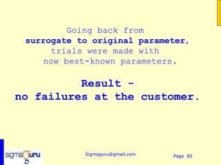 Going back from
 surrogate to original parameter,
      trials were made with
     now best-known parameters.

          Result -
no failures at the customer.




            Sigmaguru@gmail.com   Page 82
 