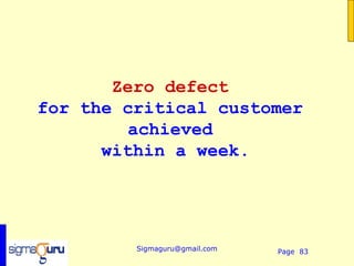 Zero defect
for the critical customer
         achieved
      within a week.




         Sigmaguru@gmail.com   Page 83
 