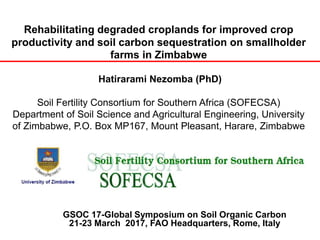Rehabilitating degraded croplands for improved crop
productivity and soil carbon sequestration on smallholder
farms in Zimbabwe
Hatirarami Nezomba (PhD)
Soil Fertility Consortium for Southern Africa (SOFECSA)
Department of Soil Science and Agricultural Engineering, University
of Zimbabwe, P.O. Box MP167, Mount Pleasant, Harare, Zimbabwe
GSOC 17-Global Symposium on Soil Organic Carbon
21-23 March 2017, FAO Headquarters, Rome, Italy
 