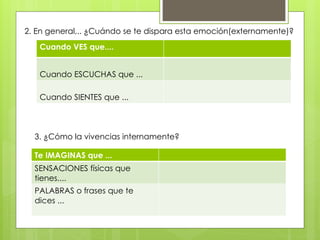Cuando VES que....
Cuando ESCUCHAS que ...
Cuando SIENTES que ...
3. ¿Cómo la vivencias internamente?
Te IMAGINAS que ...
SENSACIONES físicas que
tienes....
PALABRAS o frases que te
dices ...
2. En general,.. ¿Cuándo se te dispara esta emoción(externamente)?
 