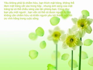 Yêu không phải là chiếm hữu, bạn thích mặt trăng, không thể đem mặt trăng cất vào trong hộp , nhưng ánh sáng của mặt trăng lại có thể chiếu sáng vào tận phòng bạn. Cũng như bạn yêu một người , bạn vẫn có thể có được người ấy mà không cần chiếm hữu và khiến người yêu trở thành một hồi ức vĩnh hằng trong cuộc sống.   