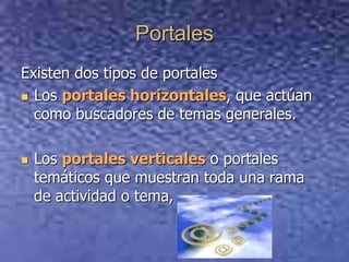 PortalesExisten dos tipos de portalesLos portales horizontales, que actúan como buscadores de temas generales.Los portales verticaleso portales temáticos que muestran toda una rama de actividad o tema, 