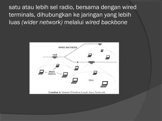satu atau lebih sel radio, bersama dengan wired
terminals, dihubungkan ke jaringan yang lebih
luas (wider network) melalui wired backbone
 