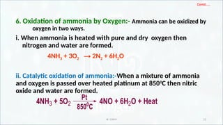 IR CHEM 12
Contd……
6. Oxidation of ammonia by Oxygen:- Ammonia can be oxidized by
oxygen in two ways.
i. When ammonia is heated with pure and dry oxygen then
nitrogen and water are formed.
4NH3 + 3O2 → 2N2 + 6H2O
ii. Catalytic oxidation of ammonia:-When a mixture of ammonia
and oxygen is passed over heated platinum at 8500
C then nitric
oxide and water are formed.
4NH3 + 5O2 4NO + 6H2O + Heat
Pt
8500
C
 