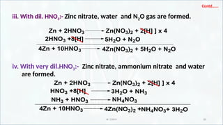 IR CHEM 28
Contd…...
iii. With dil. HNO3:- Zinc nitrate, water and N2O gas are formed.
iv. With very dil.HNO3:- Zinc nitrate, ammonium nitrate and water
are formed.
Zn + 2HNO3 Zn(NO3)2 + 2[H] ] x 4
2HNO3 +8[H] 5H2O + N2O
4Zn + 10HNO3 4Zn(NO3)2 + 5H2O + N2O
 