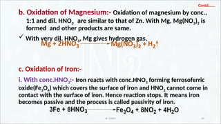 IR CHEM 29
Contd…...
b. Oxidation of Magnesium:- Oxidation of magnesium by conc.,
1:1 and dil. HNO3 are similar to that of Zn. With Mg, Mg(NO3)2 is
formed and other products are same.
 With very dil. HNO3, Mg gives hydrogen gas.
c. Oxidation of Iron:-
i. With conc.HNO3:- Iron reacts with conc.HNO3 forming ferrosoferric
oxide(Fe3O4) which covers the surface of iron and HNO3 cannot come in
contact with the surface of iron. Hence reaction stops. It means iron
becomes passive and the process is called passivity of iron.
 