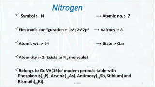 IR CHEM 3
Nitrogen
 Symbol :- N → Atomic no. :- 7
Electronic configuration :- 1s2
; 2s2
2p3
→ Valency :- 3
Atomic wt. :- 14 → State :- Gas
Atomicity :- 2 (Exists as N2 molecule)
Belongs to Gr. VA(15)of modern periodic table with
Phosphorus(15P), Arsenic(33As), Antimony(51Sb, Stibium) and
Bismuth(83Bi).
 