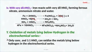 IR CHEM 31
Contd…...
iv. With very dil.HNO3:- Iron reacts with very dil HNO3 forming ferrous
nitrate, ammonium nitrate and water.
Y. Oxidation of metals lying below Hydrogen in the
electrochemical series:-
Only conc. and 1:1 HNO3 can oxidize the metals lying below
hydrogen in the electrochemical series.
Fe + 2HNO3 Fe(NO3)2 + 2[H] ] x 4
HNO3 +8[H] 3H2O + NH3
4Fe + 10HNO3 4Fe(NO3)2 +
NH3 + HNO3 NH4NO3
NH4NO3+ 3H2O
 