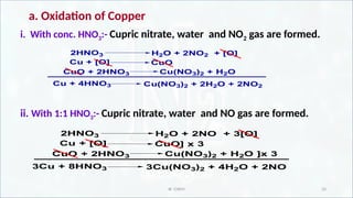 IR CHEM 33
a. Oxidation of Copper
i. With conc. HNO3:- Cupric nitrate, water and NO2 gas are formed.
ii. With 1:1 HNO3:- Cupric nitrate, water and NO gas are formed.
H2O + 2NO2 + [O]
Cu + [O] CuO
CuO + 2HNO3 Cu(NO3)2 + H2O
Cu + 4HNO3 Cu(NO3)2 + 2H2O + 2NO2
2HNO3
H2O + 2NO + 3[O]
Cu + [O] CuO] x 3
CuO + 2HNO3 Cu(NO3)2 + H2O ]x 3
3Cu + 8HNO3 3Cu(NO3)2 + 4H2O + 2NO
2HNO3
 