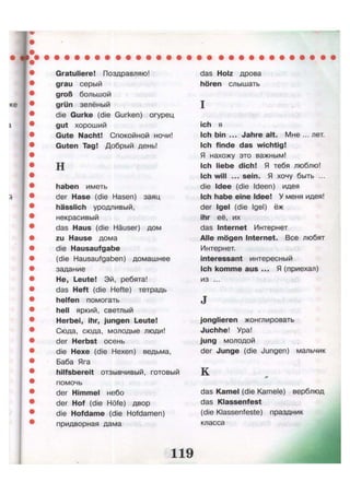Gratuliere! Поздравляю!
grau серый
groß большой
grün зелёный
die Gurke (die Gurken) огурец
gut хороший
Gute Nacht! Спокойной ночи!
Guten Tag! Добрый день!
н
haben иметь
der Hase (die Hasen) заяц
hässlich уродливый,
некрасивый
das Haus (die Häuser) дом
zu Hause дома
die Hausaufgabe
(die Hausaufgaben) домашнее
задание
He, Leute! Эй, ребята!
das Heft (die Hefte) тетрадь
helfen помогать
hell яркий, светлый
Herbei, ihr, jungen Leute!
Сюда, сюда, молодые люди!
der Herbst осень
die Hexe (die Hexen) ведьма,
Баба Яга
hilfsbereit отзывчивый, готовый
помочь
der Himmel небо
der Hof (die Höfe) двор
die Hofdame (die Hofdamen)
придворная дама
das Holz дрова
hören слышать
i
ich я
Ich bin ... Jahre alt. Мне ... лет.
Ich finde das wichtig!
Я нахожу это важным!
Ich liebe dich! Я тебя люблю!
Ich will ... sein. Я хочу быть ...
die Idee (die Ideen) идея
Ich habe eine Idee! У меня идея!
der Igel (die Igel) ёж
ihr её, их
das Internet Интернет
Alle mögen Internet. Все любят
Интернет.
interessant интересный
Ich komme aus ... Я (приехал)
из ...
J
jonglieren жонглировать
Juchhe! Ура!
jung молодой
der Junge (die Jungen) мальчик
к
das Kamel (die Kamele) верблюд
das Klassenfest
(die Klassenfeste) праздник
класса
 