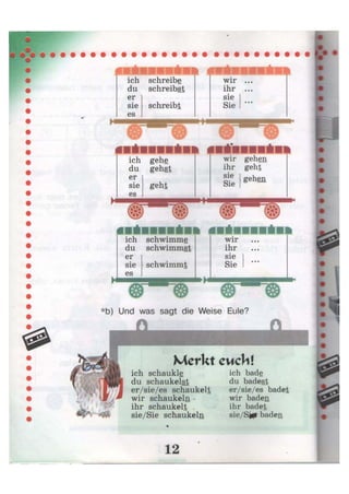 л ш
• -
ich schreibe
du schreibst
er
sie schreibt
es
wir ...
ihr ...
sie
Sie
• • •
ш ш й ' ш ш ш и Ш и ш
ich gehe
du gehst
er
sie geht
es
wir gehen
ihr geht
sie
Sie
gehen
ich schwimme
du schwimmst
er
sie schwimmt
es
wir
*b) Und was sagt die Weise Eule?
Merkt e u c h i
ich schaukle
du schaukelst
er/sie/es schaukelt
wir schaukeln •
ihr schaukelt .
sie/Sie schaukeln
ich bade
du badest
er/sie/es badet
wir baden
ihr badet
sie/Sifi baden
 