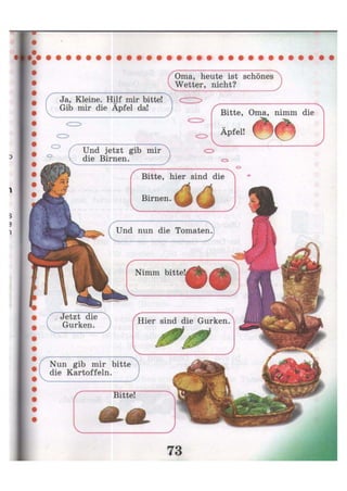 Nun gib mir bitte
die Kartoffeln.
Oma, heute ist schönes
Wetter, nicht?
Ja, Kleine. Hilf mir bitte!
Gib mir die Äpfel da!
Und jetzt gib mir
die Birnen.
Bitte!
Bitte, hier sind die
Birnen.
Hier sind die Gurken.
Und nun die Tomaten.
Nimm bitte!
Jetzt die
Gurken.
 