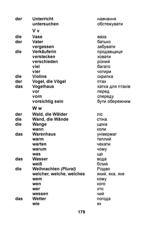 der Unterricht навчання
untersuchen
V v
обстежувати
die Vase ваза
der Vater батько
vergessen забувати
die Verkäuferin продавщиця
verstecken ховати
verschieden різний
viel багато
vier чотири
die Violine скрипка
der Vogel, die Vögel птах
das Vogelhaus хатка для птахів
vor перед
vorn спереду
vorsichtig sein
W w
бути обережним
der Wald, die Wälder ліс
die Wand, die Wände стіна
die Wange щока
wann коли
das Warenhaus універмаг
warm теплий
warten чекати
warum чому
was що
das Wasser вода
weiß білий
die Weihnachten (Plural) Різдво
welcher, welche, welches який, яка, яке
wem кому
wen кого
wer хто
wessen чий
das Wetter погода
wie як
179
 