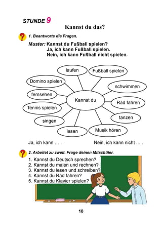 STUNDE 9
Kannst du das?
1. Beantworte die Fragen.
Muster: Kannst du Fußball spielen?
Ja, ich kann Fußball spielen.
Nein, ich kann Fußball nicht spielen.
2. Arbeitet zu zweit. Frage deinen Mitschüler.
1. Kannst du Deutsch sprechen?
2. Kannst du malen und rechnen?
3. Kannst du lesen und schreiben?!
4. Kannst du Rad fahren?
5. Kannst du Klavier spielen? m
18
 