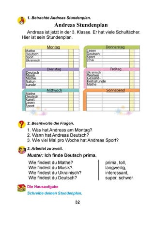 ft 1. Betrachte Andreas Stundenplan.
Andreas Stundenplan
Andreas ist jetzt in der 3. Klasse. Er hat viele Schulfächer.
Hier ist sein Stundenplan.
Montag
Deutsch
.Ukrainisch
Mathe
N a tu t
künde
Mittwoch
|Mathe
nstaq
Donnerstag
Lesen
Deutsch
Sport__
Ethik
Freitag
Ukrainisch
Werken
esuna-
heitsstunde
Mathe
Sonnabend
y 2. Beantworte die Fragen.
1. Was hat Andreas am Montag?
2. Wann hat Andreas Deutsch?
3. Wie viel Mal pro Woche hat Andreas Sport?
3. Arbeitet zu zweit.
Muster: Ich finde Deutsch prima.
Wie findest du Mathe?
Wie findest du Musik?
Wie findest du Ukrainisch?
Wie findest du Deutsch?
Die Hausaufgabe
Schreibe deinen Stundenplan.
prima, toll,
langweilig,
interessant,
super, schwer
32
 