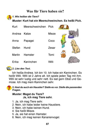 Was für Tiere haben sie?
1. Wie heißen die Tiere?
Muster: Kurt hat ein Meerschweinchen. Es heißt Pick.
Kurt Meerschweinchen Pick
Andrea Katze Mieze
Anna Papagei Coco
Stefan Hund Zesar
Martin Hamster Tomi
Erika Kaninchen Willi
2. Lies den Text.
Ich heiße Andrea. Ich bin 10. Ich habe ein Kaninchen. Es
heißt Willi. Willi ist 2 Jahre alt. Ich spiele jeden Tag mit ihm.
Willi ist sehr lustig und sehr nett. Es isst gern Obst und Ge­
müse. Ich mag mein Kaninchen sehr.
?
3. Hast du auch ein Haustier? Stelle es vor. Stelle die passenden
Fragen.
Muster: Magst du Tiere?
Ja, ich mag Tiere sehr.
1. Ja, ich mag Tiere sehr.
2. Nein, ich habe leider keine Haustiere.
3. Nein, ich habe keinen Hund.
4. Sie heißt Mieze.
5. Ja, sie hat einen Hamster.
6. Nein, ich mag keinen Kanarienvogel.
87
 