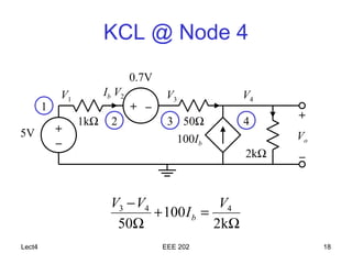 KCL @ Node 4
                               0.7V
            V1         Ib V2          V3           V4
        1                      + –
                        2              3 50Ω       4     +
                 1kΩ
5V          +
                                        100Ib            Vo
            –
                                                   2kΩ   –



                        V3 − V4              V4
                                + 100 I b =
                         50Ω                2 kΩ
Lect4                                 EEE 202                 18
 