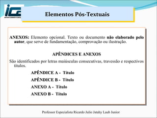 Elementos Pós-Textuais ANEXOS:  Elemento opcional. Texto ou documento  não elaborado   pelo autor , que serve de fundamentação, comprovação ou ilustração. APÊNDICES E ANEXOS São identificados por letras maiúsculas consecutivas, travessão e respectivos títulos. APÊNDICE A -  Título APÊNDICE B -  Título ANEXO A -  Título ANEXO B -  Título 